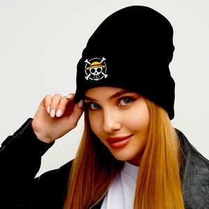 Anime NWT Black Beanie with Skull and Crossbones Patch